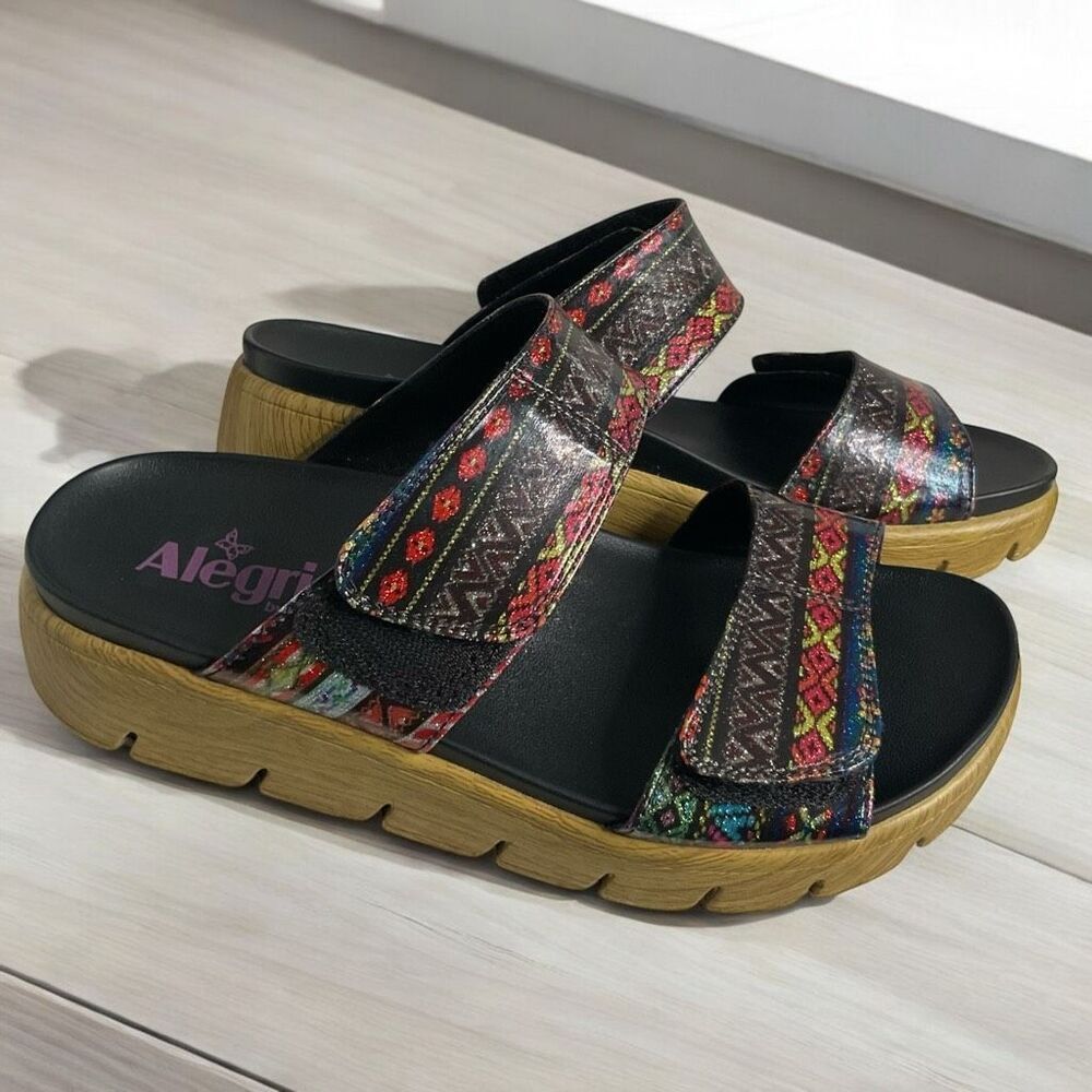 Alegria Two Band Slide Sandals‎ Womens 7,5(37) Low Platform Boho  Southwestern
